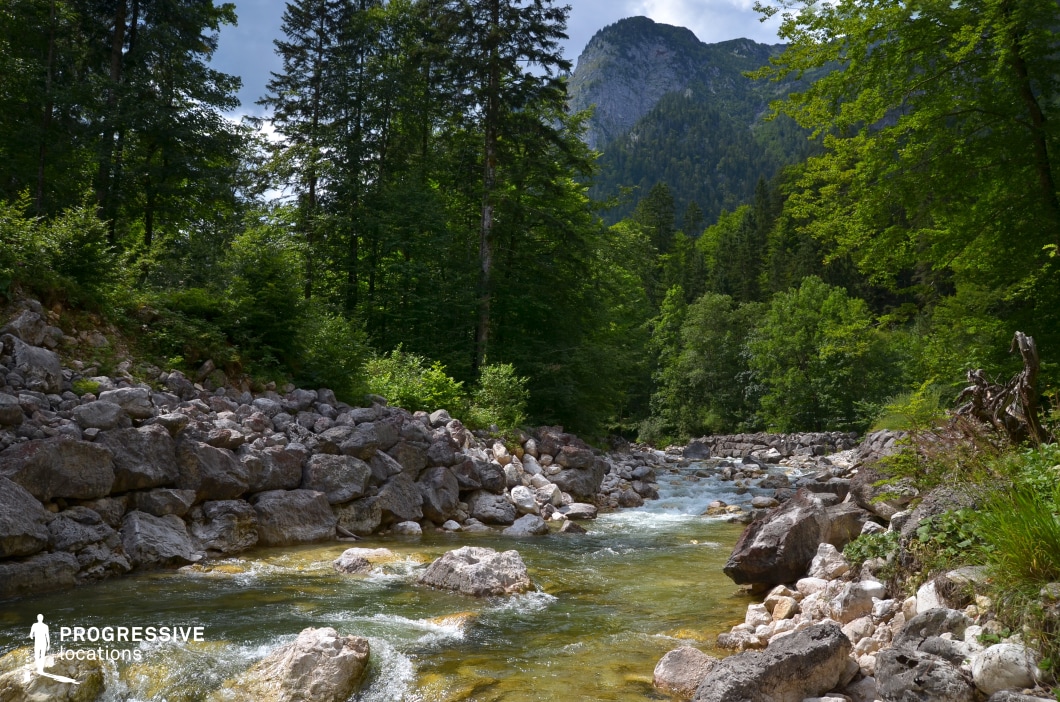 This vivid location features a clear mountain stream cutting through a forested gorge, bordered by large, angular rocks and dense green foliage. Towering cliffs rise in the background, adding a dramatic vertical element that frames the narrow watercourse. The contrast between the flowing water, rough stone, and lush forest creates a richly textured environment. This spot is ideal for fantasy, adventure, or survival-themed productions—especially for scenes involving river crossings, forest pursuits, hidden woodland realms, or moments of serenity in the wild.