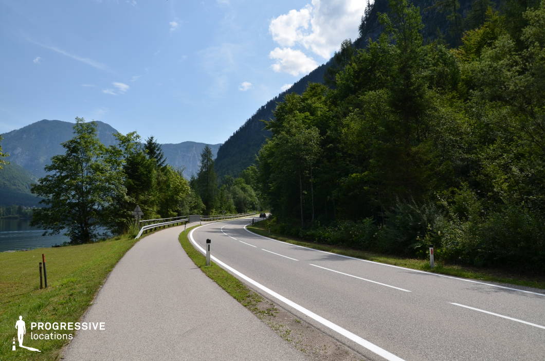 This location features a smoothly curving two-lane road bordered by a parallel pedestrian or cycling path, both flanked by dense, varied-height forest. The road’s layout gently bends into the distance, creating a dynamic sense of depth, and is lined with reflective road markers, suggesting functionality for vehicular traffic. On the left side, a calm body of water sits at the edge of a grassy embankment, while the right side is enveloped by a thick canopy of deciduous and coniferous trees. Towering forested hills and distant mountain slopes frame the backdrop, contributing to a layered visual structure. The asphalt surfaces and the steel guardrail introduce subtle contrasts to the organic surroundings. The image is taken from an eye-level angle, emphasizing the road’s leading lines and the seamless integration of natural and infrastructural elements. This setting is ideal for filming road scenes, travel sequences, or tranquil transitions in genres such as drama, adventure, or documentary, offering a visually immersive and compositionally rich environment.