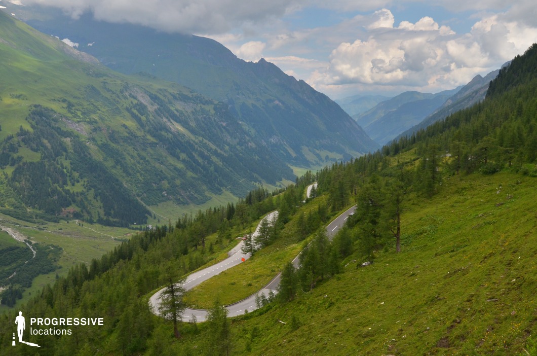 This image showcases a winding serpentine road that cuts through a lush, mountainous valley rich in alpine vegetation. The switchbacks are embedded within a densely forested slope composed primarily of evenly spaced coniferous trees, while the surrounding hillsides exhibit a continuous carpet of green. The valley stretches far into the background, enclosed by layered mountain ridges that gradually fade into the horizon, creating a strong sense of depth and natural enclosure. The curvature of the road introduces geometric interest and visual rhythm, especially when viewed from this elevated vantage point. The vibrant green tones dominate the palette, conveying a sense of freshness and vitality. This location is particularly fitting for filming dynamic travel sequences, scenic driving montages, or aerial landscape shots in genres such as adventure, drama, or nature-focused productions, offering a naturally cinematic and immersive environment.