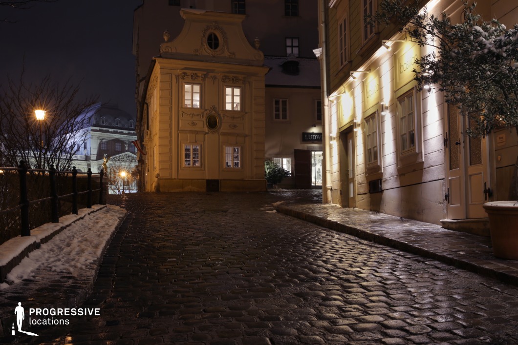 This image presents a charming narrow street with cobblestone pavement, lit by warm streetlights and the soft glow from nearby buildings. The street gently curves, leading towards a historical building adorned with classic architectural details. The lighting emphasizes the textures of the cobblestones and the building’s facade, creating a cozy and inviting atmosphere. In the distance, the faint silhouette of a larger building is visible, adding depth to the scene. This location, with its old-world charm and atmospheric lighting, is well-suited for historical or romantic drama films. The street's intimate feel and the well-lit architecture make it ideal for scenes requiring a cozy, timeless, or cinematic city setting.