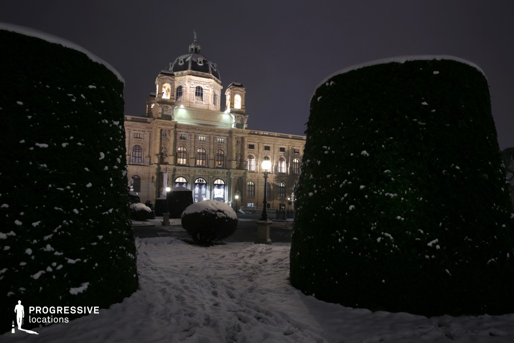 This nighttime scene captures the majestic Museum of Art in Vienna, with its intricate architecture illuminated in warm tones, standing as the centerpiece of Maria-Theresien-Platz. In the foreground, sculpted hedges add structure to the frame, contrasting against the elegant building. The surrounding soft lighting from street lamps creates a serene atmosphere, highlighting the historical and architectural grandeur of the museum. This location is ideal for shooting scenes that require a historical or formal setting, perfect for period dramas, documentaries, or artistic films seeking an elegant and timeless backdrop.
