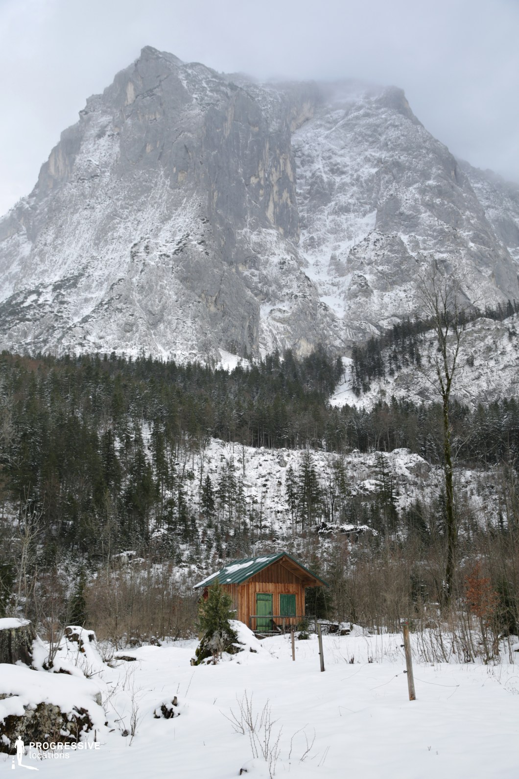 This striking location features a solitary wooden cabin nestled at the base of a towering, snow-covered rock formation. The dramatic vertical cliff dominates the backdrop, with rugged, grey stone surfaces etched with crevices and ledges. In front of the steep massif stretches a dense coniferous forest, its dark green tones contrasting with the white snow blanketing the ground and treetops. The cabin, with its weathered wooden facade and green shutters, introduces a human-scale architectural element into the overwhelming natural expanse. The foreground, covered in snow and dotted with exposed rocks and thin vegetation, leads the eye toward the sharp elevation change in the background. The composition, taken from eye level, emphasizes the imposing presence of the mountain and the isolation of the built structure. This setting offers a dramatic and atmospheric backdrop ideal for genres such as drama, survival, or psychological thrillers, and is well-suited for scenes requiring natural seclusion, stark contrast, or alpine wilderness.