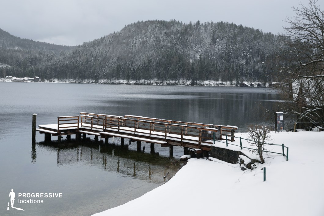 This serene lakeside location features a prominent wooden dock extending into calm, reflective water, surrounded by a gently sloping snow-covered shoreline. The dock’s linear structure, with clean horizontal railings and simple vertical supports, creates a strong geometric presence that contrasts with the natural curvature of the bay. In the distance, densely forested hills provide a textured, undulating backdrop, with evergreens offering visual depth and a sense of enclosure. The vantage point is slightly elevated, allowing for a broad view of the lake’s expanse and the symmetry between the man-made and natural elements. This location is particularly suited for scenes requiring quiet introspection, isolation, or tranquil natural beauty, making it ideal for drama, romance, or art-house genres.