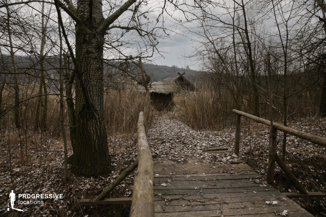 This secluded forest location features a narrow wooden footbridge leading through dry underbrush and tall reeds toward rustic, thatched-roof structures partially obscured by the vegetation. The bridge, constructed of aged timber planks with simple log railings, introduces a strong linear perspective, drawing the viewer's eye into the dense natural background. The terrain is covered in dry leaves and framed by leafless trees, creating a muted, earthy color palette of browns and greys. The small-scale wooden huts, barely visible behind the reeds, evoke a primitive or historical rural atmosphere. The surrounding woodland hills in the distance add depth and enclosure. This setting is ideal for period dramas, folklore-inspired scenes, or intimate nature-based productions requiring an untouched, atmospheric woodland location.