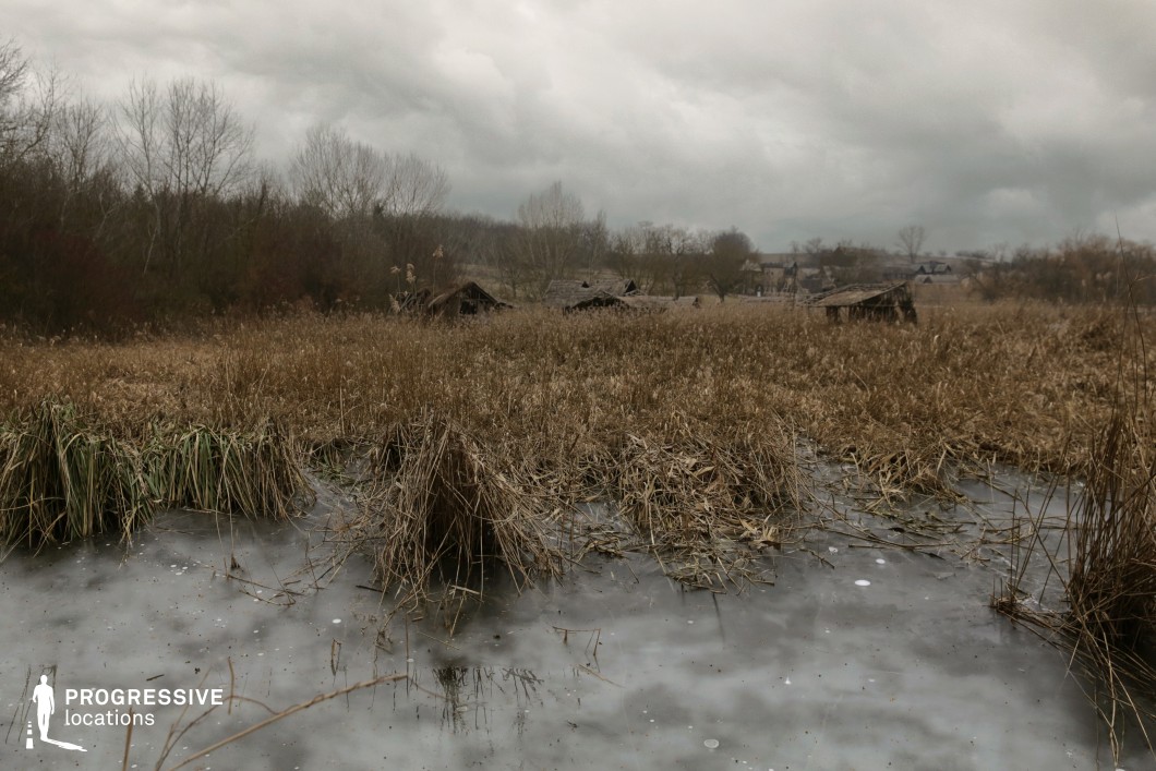 This natural location features a partially frozen wetland dominated by dense, dry reeds extending from the foreground into the mid-ground, where rustic wooden huts with thatched or weathered roofs are scattered across the landscape. The terrain is flat and marshy, with icy water surfaces punctuated by broken vegetation and exposed clusters of cattails. The background is framed by leafless deciduous trees and distant rural structures, providing depth and a muted color palette of browns, greys, and soft greens. The combination of wild vegetation, frozen water, and primitive architecture gives the scene a remote, untouched quality. The open composition and low-angle perspective allow for dramatic wide shots and atmospheric establishing scenes. This location is highly suitable for historical, post-apocalyptic, or fantasy genres, offering a moody and immersive backdrop for scenes requiring isolation, raw natural settings, or survivalist aesthetics.