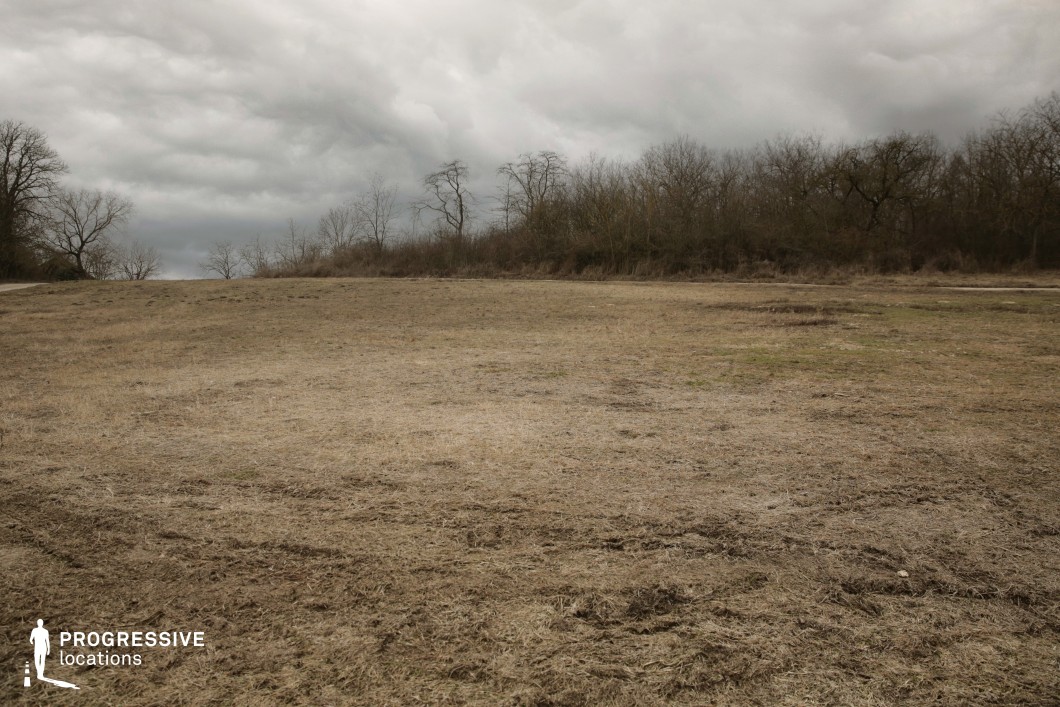 This natural location features an expansive, slightly undulating grassland bordered by a dense line of leafless trees, creating a clear separation between open field and wooded backdrop. The ground is covered in dry, patchy grass and lightly disturbed soil, offering a muted beige and earthy color palette that enhances the raw, untouched feel of the terrain. The flatness of the central space provides visual openness and a sense of scale, while the encircling woodland gives natural framing and depth. Subtle gradients in elevation contribute to visual variety without breaking the horizontal continuity of the scene. This location is well-suited for filming wide-angle shots, establishing scenes, or action sequences in historical, war, or dystopian genres that require a neutral, rural environment free of modern intrusions.