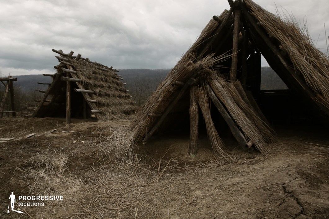 This remote location showcases a group of rudimentary wooden shelters constructed in a triangular A-frame style, using rough timber and thick thatched roofing. The structures are arranged on uneven, cracked earth covered with scattered straw, evoking an early human settlement or prehistoric environment. The use of natural materials—logs with bark, tightly bundled reeds, and exposed structural frameworks—creates an authentic, raw aesthetic grounded in historical simplicity. The background consists of distant, forested hills, adding depth and a sense of isolation. This setting is ideal for filming historical reconstructions, tribal life, survival-themed productions, or any genre requiring a naturalistic, ancient world atmosphere.