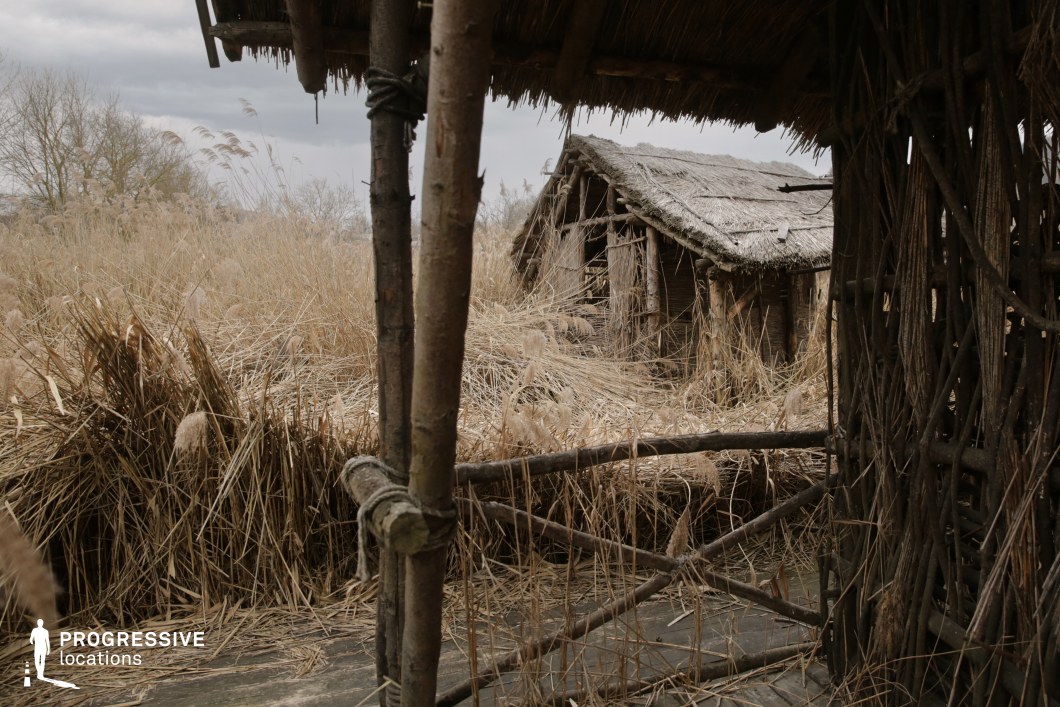 This secluded location showcases a small cluster of rustic reed huts nestled within a dense, dry marsh landscape. The structures are built from raw timber and thatch, with hand-tied wooden posts and simple construction methods that emphasize a pre-modern, survivalist aesthetic. The immediate foreground is framed by woven wooden walls and a thatched roof terrace, offering depth and natural framing. Surrounding the huts, tall, golden reeds dominate the environment, creating a textured, organic visual field that feels wild and untamed. This natural isolation, combined with the primitive architectural elements, makes the location ideal for prehistoric, early civilization, or nature-based productions, especially those requiring an immersive, raw, and atmospheric setting.