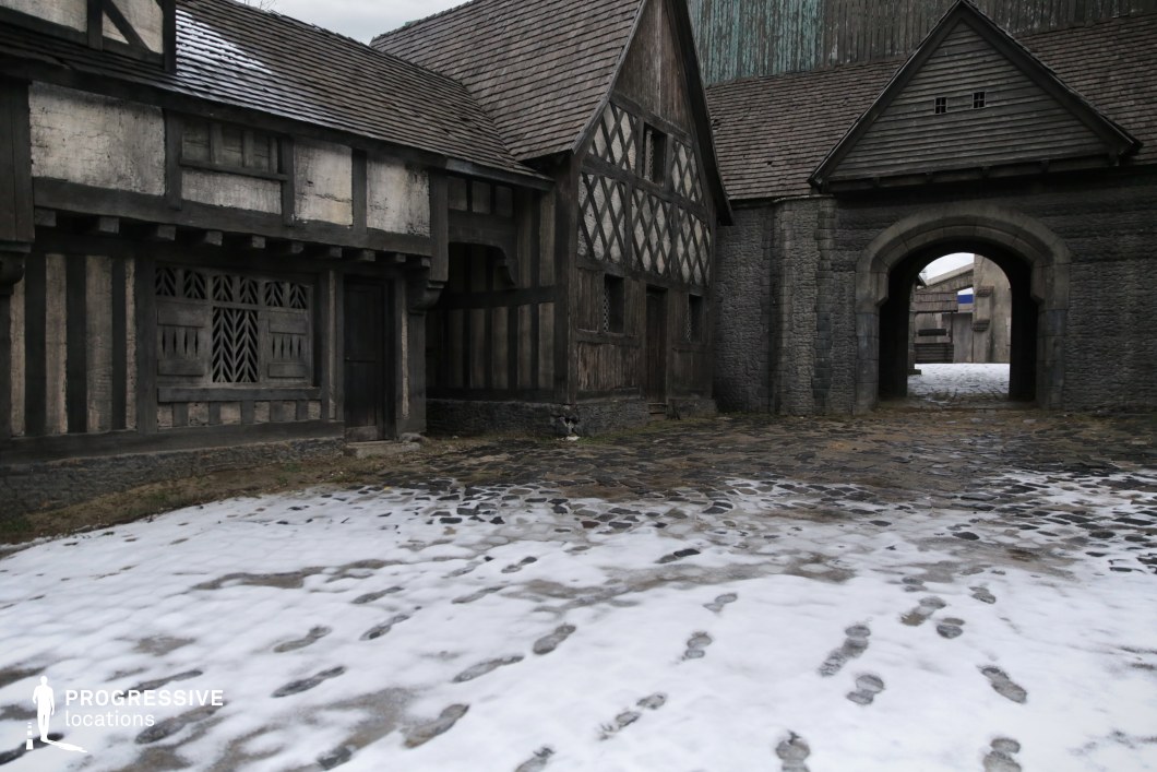 This location features a narrow medieval alley framed by half-timbered buildings and cobblestone paving that leads to a large stone gate with an arched passageway. The timber façades, steep gabled roofs, and heavy textures evoke a convincingly historic Northern European village or town setting. The layout suggests a compact urban environment with visual depth and architectural detail, ideal for filming sequences involving chases, secretive meetings, or entrances to fortified towns. This location suits fantasy, historical drama, or period mystery genres.