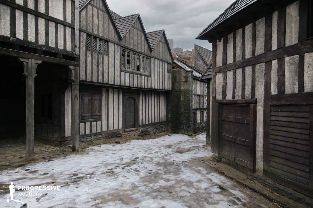 This compact alley is lined with half-timbered buildings characteristic of Tudor architecture, featuring vertical wooden beams, rough plaster infill, and steep gabled roofs. The narrow passage and irregular layout create a sense of historical authenticity and slight claustrophobia, ideal for conveying tension or secrecy. The strong linear textures and muted tones allow for atmospheric lighting and shadow play. This setting is highly suitable for historical dramas, fantasy adventures, or mystery thrillers, particularly scenes involving secretive encounters, street chases, or life in a medieval or early Renaissance town.