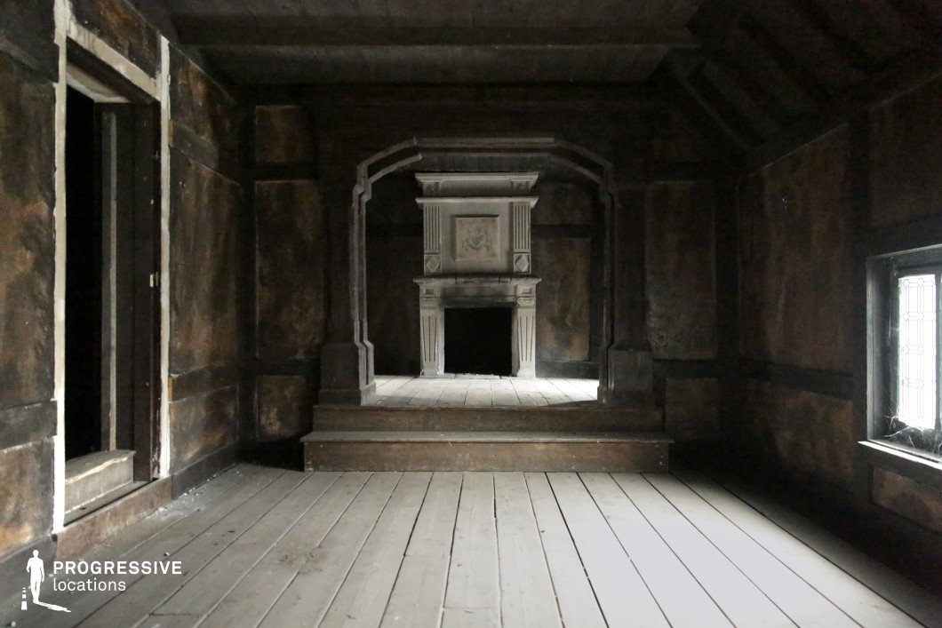 This dark, wood-paneled room features an elevated fireplace framed by a heavy arch and flanked by stark, angular architectural detailing, all contributing to a somber and timeworn atmosphere. The planked floor and narrow window enhance the austerity, suggesting a neglected noble estate or an ancient manor. The setting is ideal for scenes steeped in tension, introspection, or secrecy, making it perfect for historical dramas, gothic horror, fantasy interiors, or scenes involving hidden conversations, ghostly presences, or dramatic reveals in a noble household.