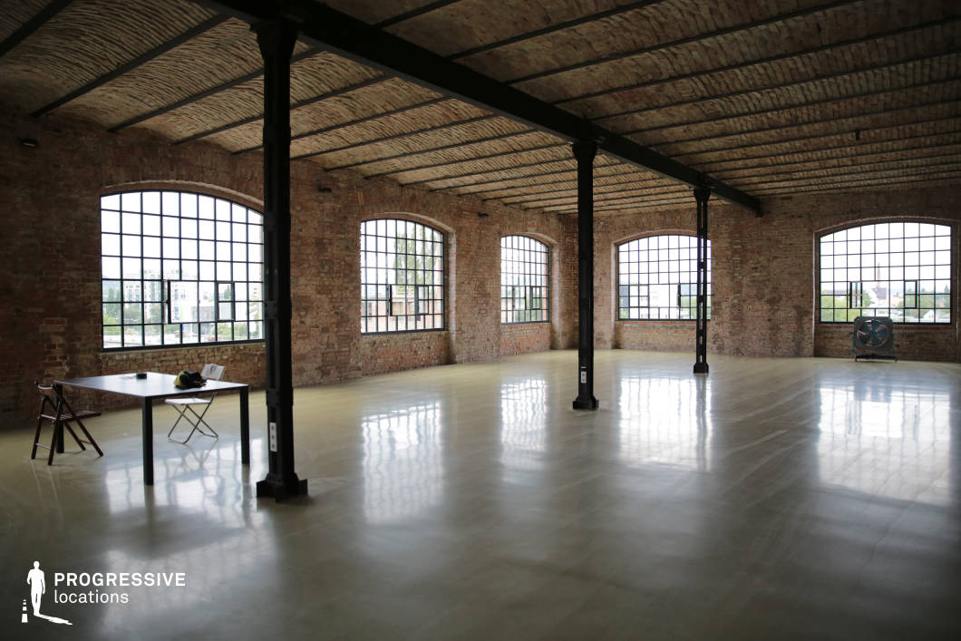 This expansive industrial loft features exposed brick walls, a vaulted ceiling with arched beams, and large factory-style windows that flood the space with natural light. Black steel support columns add a raw, structural element, enhancing the open-concept layout. The polished concrete flooring reflects the light, creating a dynamic interplay of textures. The minimalist design and vast open space make this location ideal for creative productions, fashion editorials, or contemporary workspace conversions. The urban skyline visible through the windows adds a modern contrast to the historic industrial aesthetic, making this setting a versatile backdrop for film and photography projects.