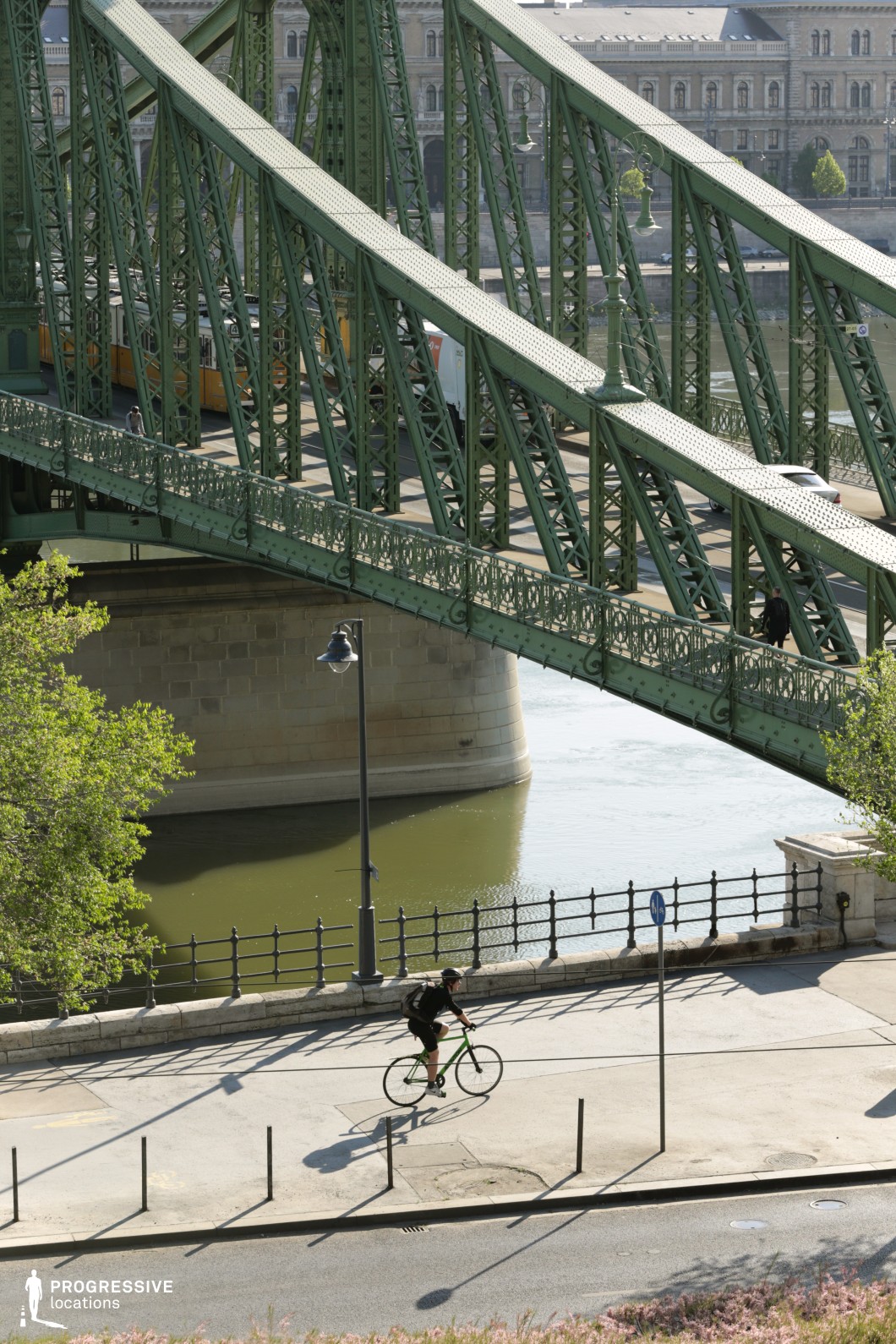 This image showcases a green iron bridge with an intricate lattice structure, characterized by riveted beams and decorative railings. The bridge's design combines industrial engineering with Art Nouveau-inspired ornamental details, such as curved metalwork and vintage-style lampposts. The structure spans over a river, with a massive stone foundation anchoring it in the water. The bridge’s trusses form strong geometric patterns, creating a visually striking interplay of lines and depth. The lower section of the image reveals a riverside promenade lined with a black wrought-iron fence and a classic street lamp, reinforcing the urban European aesthetic. The background features a stately historic building with large windows, complementing the bridge’s period charm. This location is well-suited for urban and architectural cinematography, emphasizing historic infrastructure and cityscape elements.