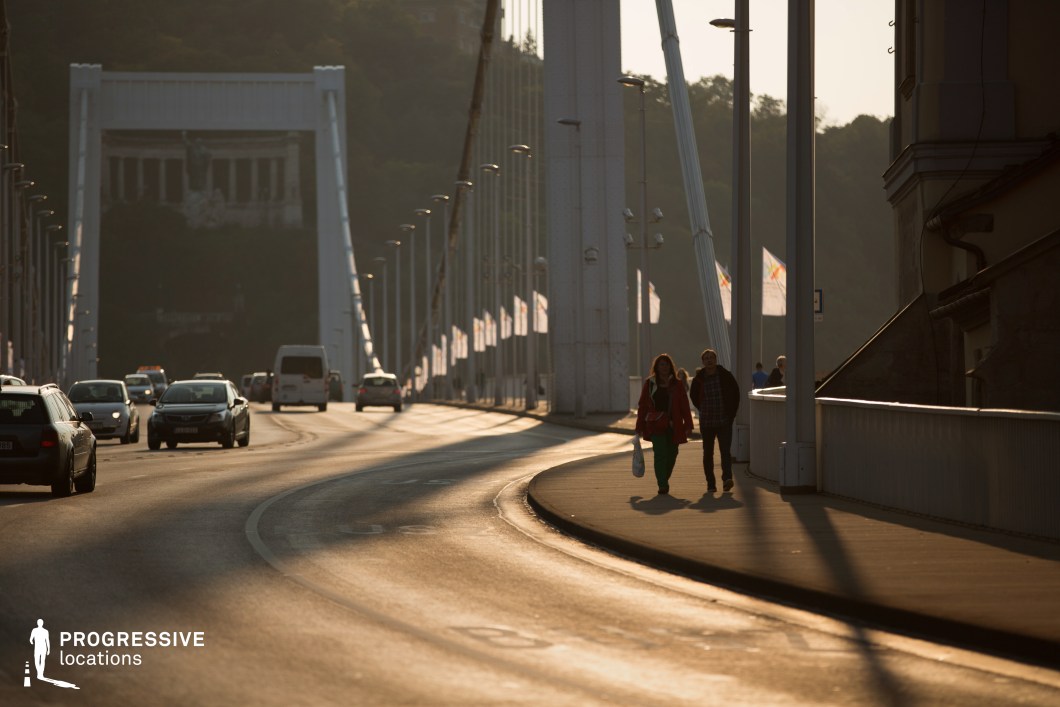 This image features a modern white suspension bridge, characterized by its sleek steel structure, clean vertical suspension cables, and evenly spaced lampposts. The bridge’s gently curving roadway creates a strong leading line, enhancing depth and perspective. The pedestrian walkway runs parallel to the road, separated by a sturdy railing, reinforcing the bridge’s functional yet minimalist aesthetic. In the background, a monumental classical structure with columns and statues is framed by the bridge’s towering supports, adding an element of historical contrast to the contemporary design. The flags lining the bridge introduce subtle movement, while the urban setting highlights its role as a key transportation route. This location is well-suited for modern cityscape cinematography, urban storytelling, and architectural photography, emphasizing the interplay of infrastructure and historical landmarks.