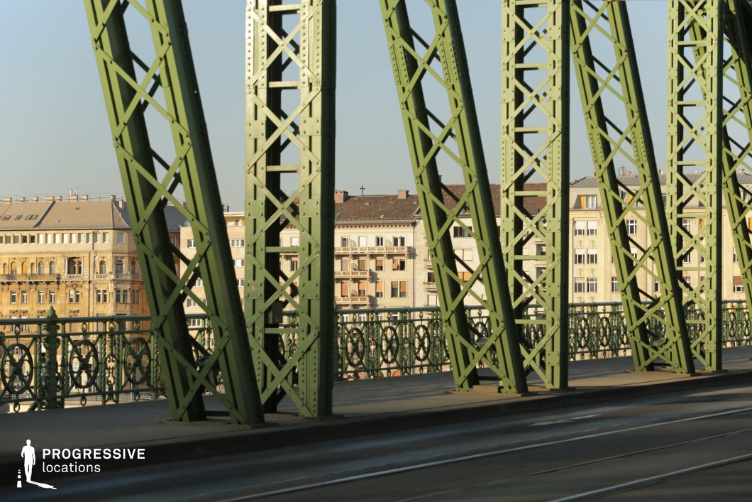This image showcases a historic green iron bridge, emphasizing its riveted steel trusses and intricate lattice framework. The repeating diagonal and vertical structural elements create a strong geometric rhythm, highlighting the bridge’s industrial-era engineering. The decorative iron railings add an ornamental touch, blending function with historical aesthetics. In the background, a row of classic European buildings with ornate facades and varied architectural styles contrasts with the bridge’s rigid steel framework. The warm tones of the buildings complement the green iron structure, creating a visually engaging interplay between urban architecture and historic infrastructure. This location is ideal for architectural cinematography, urban photography, and transportation-themed visuals, offering a mix of engineering precision and historical charm.