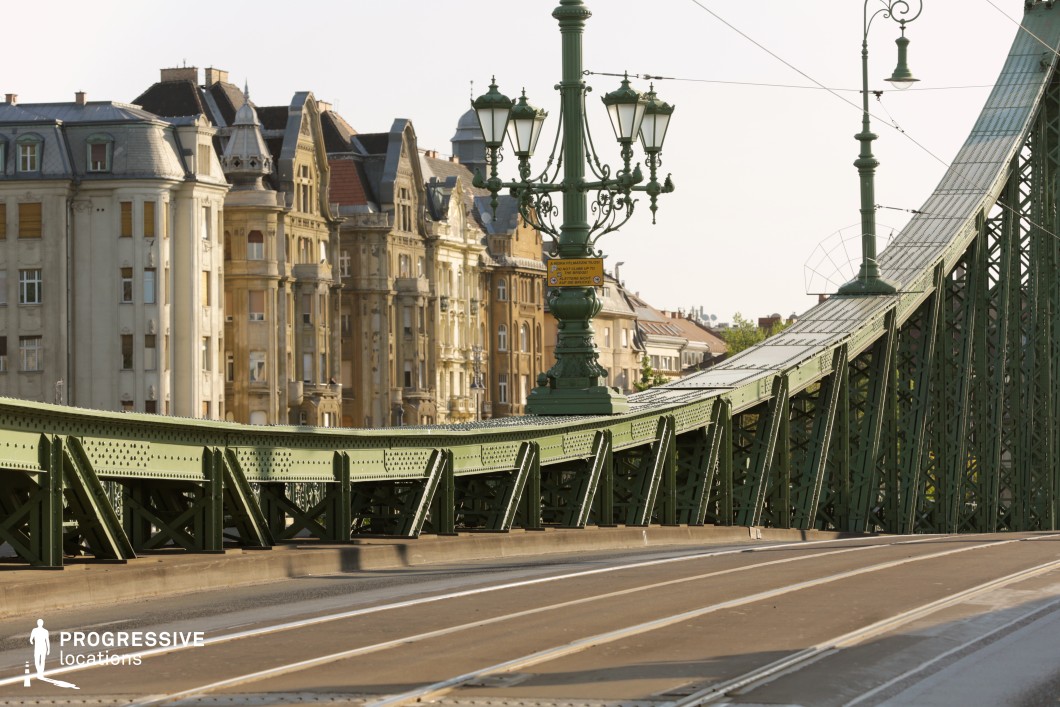 This image features a historic green iron bridge, characterized by riveted steel framework, decorative railings, and intricate lampposts. The bridge’s elevated structure and arched design reflect 19th-century engineering, blending industrial strength with elegant ornamentation. The tram tracks embedded in the roadway emphasize its functional role within the urban transport network. In the background, a row of grand European buildings with elaborate facades, bay windows, and decorative roof structures line the riverbank, enhancing the historic atmosphere. The warm earthy tones of the architecture contrast with the green iron elements of the bridge, creating a visually engaging composition. This location is well-suited for architectural cinematography, period cityscape photography, and urban storytelling, showcasing the fusion of historic infrastructure and elegant urban development.