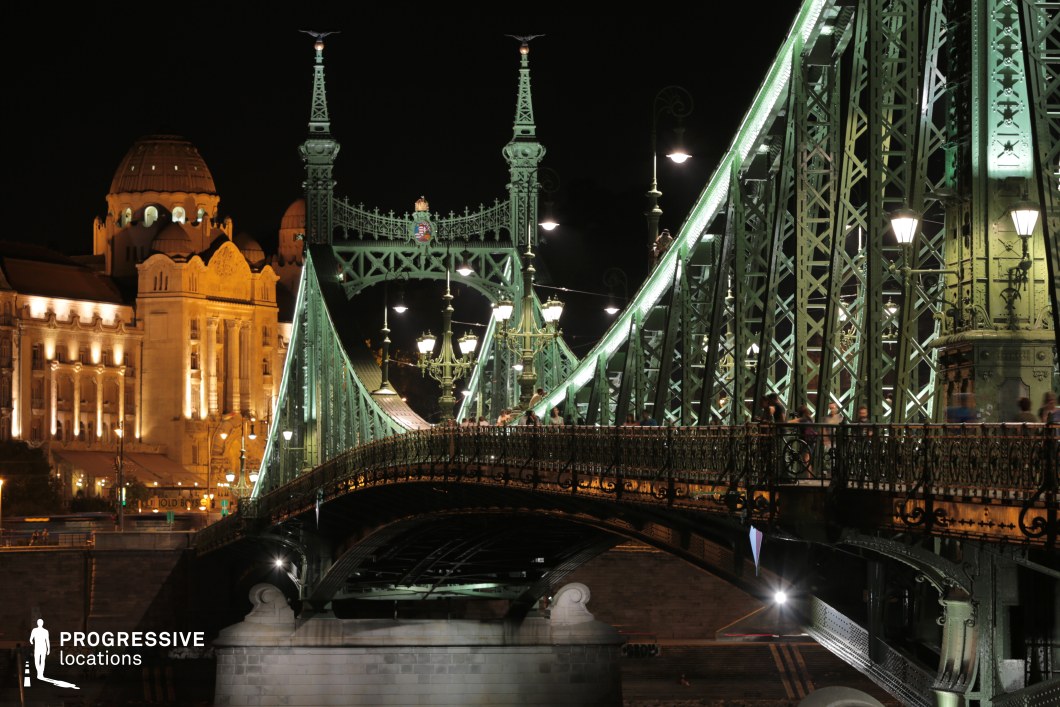 This image features a historic green iron bridge, elegantly lit against the dark night sky. The bridge’s ornate lattice framework, intricate railings, and grand spires create a visually striking composition. The decorative street lamps with elaborate metalwork add a classic European charm, casting a warm glow on the structure. The delicate lighting along the suspension elements enhances the intricate detailing of the bridge’s engineering. In the background, a majestic historic building with domed towers and illuminated facades provides a rich architectural contrast. The combination of classical and industrial design makes this location ideal for cinematic nightscapes, architectural photography, and urban storytelling, capturing the elegance of historical infrastructure within a modern city setting.