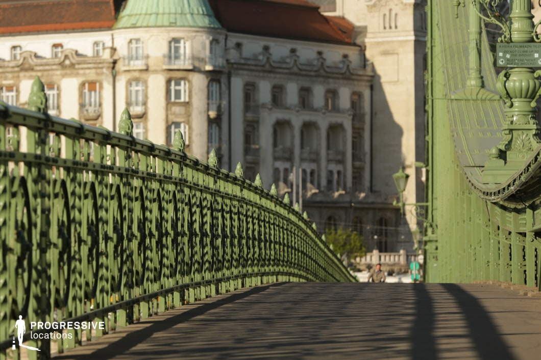 This image presents an intricately designed green iron bridge with detailed railings leading toward a classical-style building in the background. The bridge's architectural features, including its decorative elements and rhythmic repetition of metalwork, create a visually engaging perspective. The soft, directional sunlight casts long shadows on the pavement, accentuating the texture and depth of the structure. The muted tones of the historic building in the background contrast with the vibrant green of the bridge, emphasizing the interplay of classic and industrial styles. This composition is ideal for cinematic storytelling or architectural photography, highlighting the artistic craftsmanship of urban infrastructure while maintaining a sense of historical elegance.