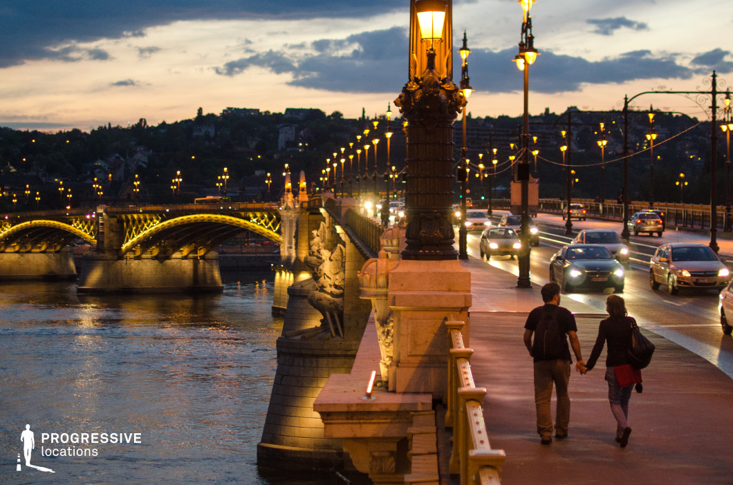 A grand historic bridge adorned with elegant street lamps casting a warm glow over the walkway and roadway. The bridge features intricate ironwork, decorative sculptures, and a gracefully arched structure extending over a wide river. The ornate stone balustrades and artistic embellishments highlight the classical architectural style, blending functionality with aesthetic appeal. In the background, a hillside urban landscape dotted with lights adds depth and a picturesque cityscape. The rhythmic repetition of lampposts creates a strong visual guide, making the scene ideal for cinematic urban sequences, architectural photography, or atmospheric city storytelling.