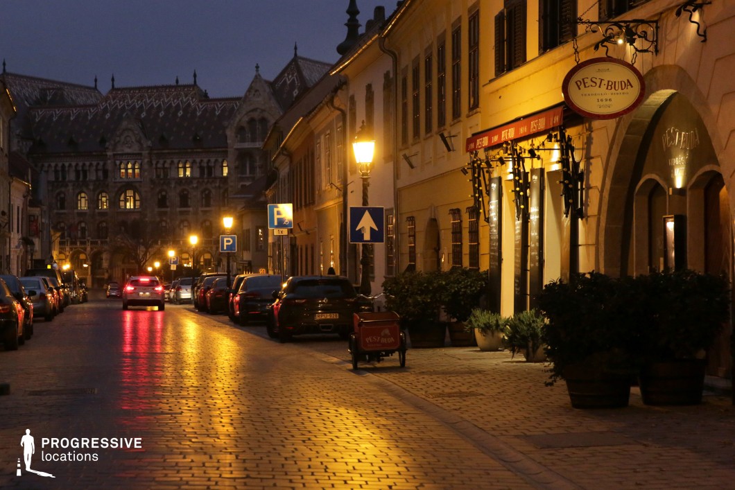 A charming, narrow cobblestone street lined with historic buildings, illuminated by warm streetlights that enhance the old-world atmosphere. The facades feature a mix of classical and baroque architectural details, with arched doorways, wooden shutters, and wrought-iron signage. The street leads towards an imposing, intricately detailed historic building in the background, adding depth and grandeur to the composition. The warm lighting highlights the textured surfaces of the stone pavement and walls, creating a visually rich scene. Ideal for period film settings, upscale urban storytelling, or projects requiring an intimate yet sophisticated European ambiance.