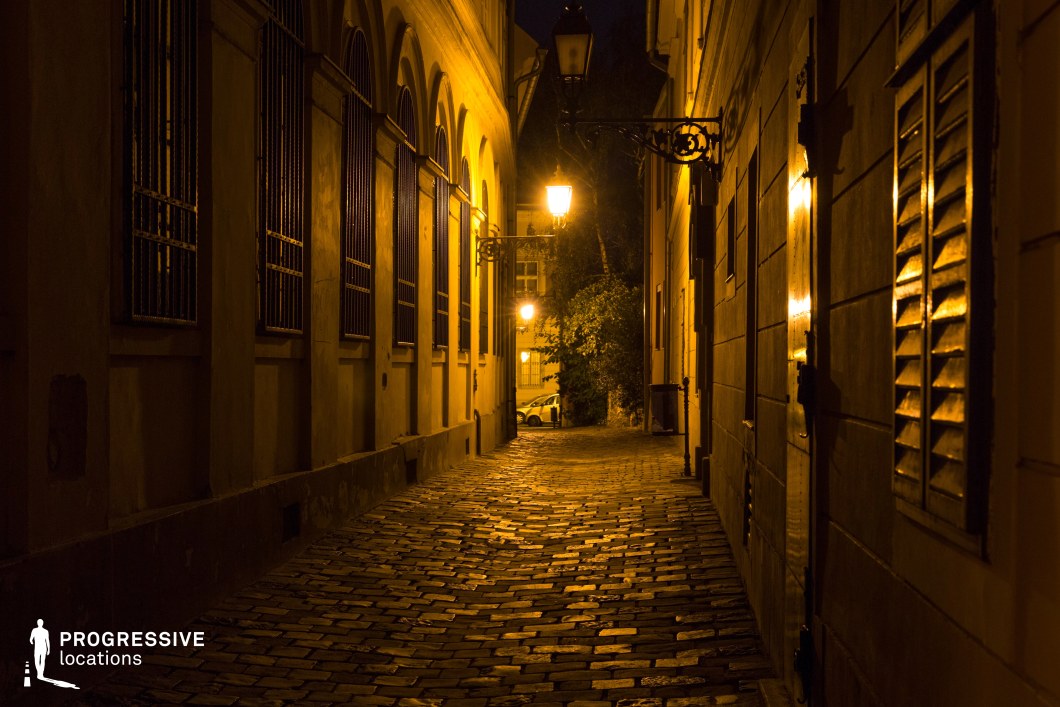 A dimly lit, narrow cobblestone alley flanked by historic buildings with aged facades and architectural details. The textured walls feature arched windows with wrought-iron bars and wooden shutters, adding to the old-world character of the passage. The atmospheric lighting from traditional street lanterns casts a warm, golden glow, emphasizing the depth and texture of the stone pavement. The alley subtly curves, leading towards an opening where a brighter space with greenery and architectural elements is visible. This location exudes a timeless European charm, making it ideal for period film settings, mystery narratives, or moody urban photography.