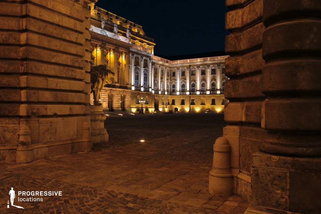 A majestic neoclassical palace courtyard framed by imposing stone archways and an intricately detailed façade. The grand columns, ornate sculptures, and arched windows are highlighted by warm architectural lighting, emphasizing the regal atmosphere. A stone lion statue guards the entrance, adding a sense of historical significance. The cobblestone ground enhances the old-world charm, while the depth of the scene draws attention toward the elegant symmetry of the illuminated building. This location is perfect for historical film settings, period dramas, or projects requiring an opulent and cinematic European palace backdrop.