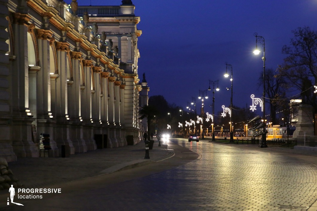A majestic European boulevard lined with a grand neoclassical building featuring ornate archways, intricate cornices, and statues adorning its façade. The well-maintained cobblestone pavement reflects the soft glow of elegant wrought-iron street lamps, which are adorned with festive decorative lights. The curved road creates depth and perspective, leading towards a distant cityscape. The blend of classical architecture and modern urban lighting makes this location ideal for upscale cityscape photography, period film settings, or projects requiring a refined and atmospheric European street scene.