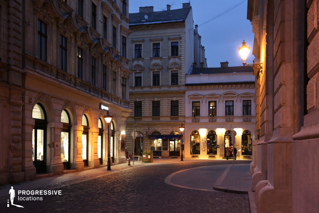 A charming European cobblestone street lined with ornate historic buildings, softly illuminated by warm storefront lights and classic street lamps. The architecture features arched windows, intricate stone carvings, and decorative balconies, reflecting a mix of neoclassical and baroque influences. The street gently curves, leading towards an inviting square with glowing shopfronts, enhancing depth and perspective. The balance of warm and cool lighting creates an atmospheric and timeless setting, ideal for upscale urban photography, period film productions, or projects requiring an elegant and historic cityscape.
