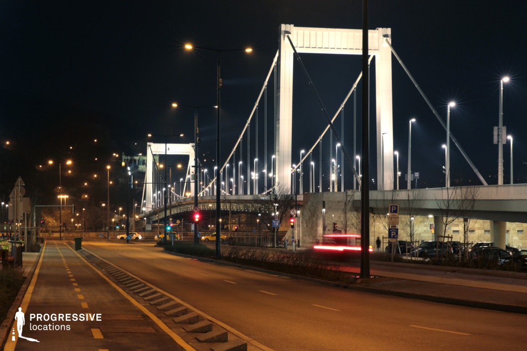 A striking night-time view of a modern suspension bridge with towering white pylons and a network of cables illuminated by bright streetlights. The bridge spans across a major roadway, with clearly marked lanes for both vehicles and bicycles. The scene is enhanced by a well-lit pedestrian walkway, urban signage, and the presence of light trails from passing cars, emphasizing the dynamic movement of the city. In the background, scattered lights on a hillside create a sense of depth, while the geometric structure of the bridge contrasts with the organic elements of the surroundings. This setting is ideal for urban thrillers, action sequences, or contemporary cityscape visuals.