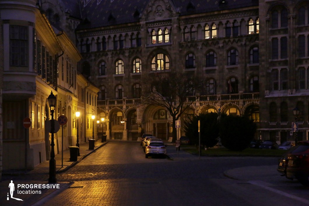 A grand historic palace with a richly decorated façade stands at the end of a quiet, cobblestone street in an old European district. The intricate stonework, arched entryways, and large, illuminated windows highlight the building’s Gothic and Neo-Renaissance architectural influences. Street lamps cast a warm glow on the surrounding traditional buildings, enhancing the nostalgic, timeless ambiance. The narrow street, lined with period-style lampposts and parked cars, curves gently toward the main structure, creating a visually inviting depth. This setting is ideal for historical dramas, period pieces, or atmospheric cityscape scenes.