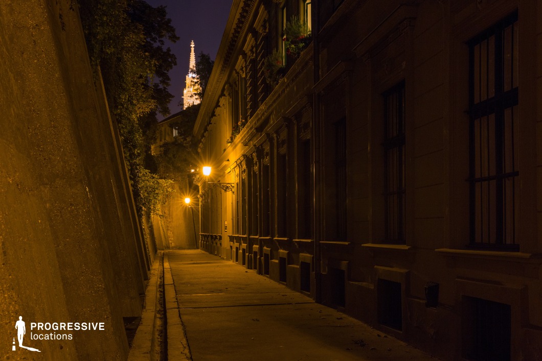 A secluded, narrow alleyway enclosed by a textured retaining wall on one side and an ornate, historic building on the other. The dim glow of vintage-style street lamps casts long shadows, enhancing the dramatic atmosphere of the passage. The building’s facade features intricate detailing, tall windows with iron bars, and decorative window boxes, suggesting a well-preserved architectural heritage. The alley gently curves, leading the eye toward a striking illuminated spire in the background, which rises above the scene with Gothic elegance. The contrast between the warmly lit stonework and the dark surroundings adds depth and mystery to the composition. The combination of enclosed space and distant architectural grandeur makes this location ideal for historical period settings, dramatic storytelling, or atmospheric urban photography.
