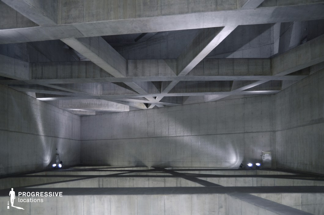  The image highlights the striking interior of a concrete space with an intricate geometric design. The ceiling is composed of intersecting beams that create a lattice-like pattern, casting sharp shadows and adding a sense of depth and complexity to the space. The smooth, unfinished concrete walls and ceiling contribute to the industrial, minimalist aesthetic, while the strategic placement of lighting accentuates the angular geometry of the structure. The overall atmosphere is stark, with a sense of modernity and sophistication, perfect for a contemporary, urban environment. This setting is ideal for projects requiring a raw, architectural look, such as film scenes focused on modern infrastructure or urban exploration. The dynamic interplay of light and shadow also makes the space visually engaging, suitable for creative projects emphasizing industrial or minimalistic designs.