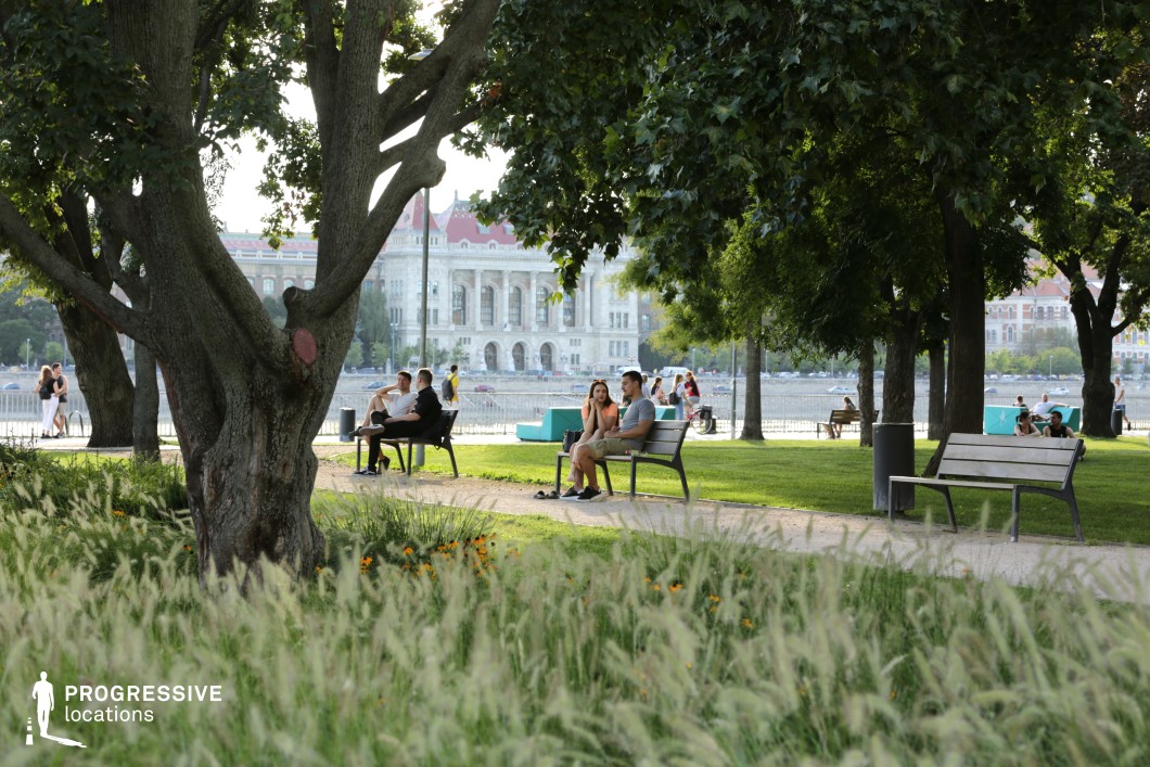 This image captures a tranquil riverside park framed by large, mature trees and lush greenery. The foreground features wild grasses and scattered flowers, adding a natural, organic texture to the scene. Wooden and metal benches are strategically placed along the paved walkway, offering seating options with a view of the river and the grand, historic buildings in the background. The park is well-maintained, with neatly trimmed grass and shaded spots created by dense tree canopies. The riverbank, visible in the mid-ground, provides a scenic waterfront perspective, while classical architecture in the background enhances the location's timeless and sophisticated feel. This setting is ideal for capturing relaxed, lifestyle-oriented scenes, romantic visuals, or contemplative urban moments, making it a versatile location for photography, film, or commercial projects.