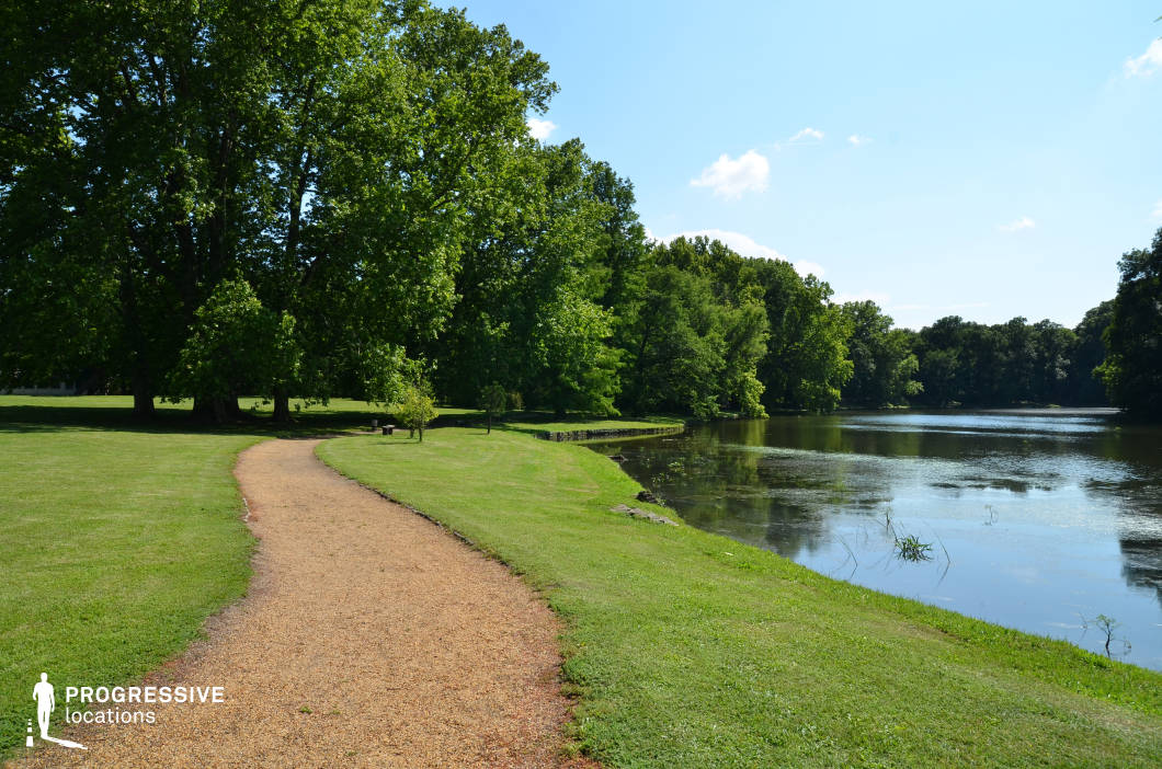 This image showcases a tranquil park featuring a gently winding gravel pathway that follows the curve of a calm lake. The open grassy areas are immaculately maintained, with scattered benches placed for quiet reflection or relaxation. Towering, mature trees provide a lush canopy, casting natural shade and enhancing the park's peaceful ambiance. The lake, with its gently rippled surface, reflects the surrounding greenery, adding to the overall serene atmosphere. The tree line in the background extends towards the horizon, giving the setting a secluded and intimate feel, while the distant edges of the lake add depth and visual balance. This location is ideal for nature-focused photography, tranquil outdoor scenes, or productions emphasizing peace, relaxation, and scenic beauty. It serves as a perfect setting for storytelling in romantic, reflective, or contemplative contexts.