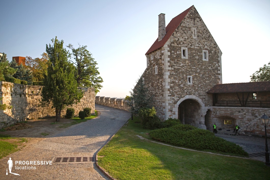 This image showcases a well-preserved medieval-style gatehouse constructed from irregularly shaped stone blocks, featuring a steeply pitched red-tiled roof and small, narrow windows. The arched entrance, framed by white stone, leads into a fortified passageway, while an adjacent covered walkway with wooden beams adds to the historic character. The setting includes a gently curving cobblestone pathway leading along a fortified stone wall, which is lined with crenelations, reinforcing the location’s historical ambiance. The surrounding landscape is well-maintained, with patches of grass, shrubs, and trees adding a natural contrast to the rugged stone structures. This location is ideal for period-piece cinematography, medieval or fantasy-themed productions, or historical reconstructions. Its combination of architectural authenticity and scenic surroundings provides a strong visual narrative for storytelling.
