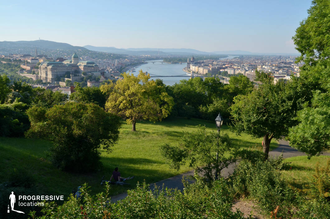 This image captures a breathtaking panoramic view of a historic city from a lush green hillside. The foreground features a gently sloping park with a winding paved pathway, surrounded by vibrant trees and manicured grass. A vintage-style street lamp adds a touch of elegance to the setting, enhancing the park’s timeless charm. In the background, the cityscape unfolds along a wide river, showcasing an array of bridges, grand historic buildings, and modern structures. A prominent domed castle complex stands out, emphasizing the location’s architectural heritage. Rolling hills stretch into the distance, creating depth and scale within the composition. This location is ideal for travel photography, establishing shots in cinematography, or projects that highlight the contrast between natural landscapes and urban environments. Its elevated vantage point makes it a prime setting for storytelling, emphasizing grandeur and perspective.