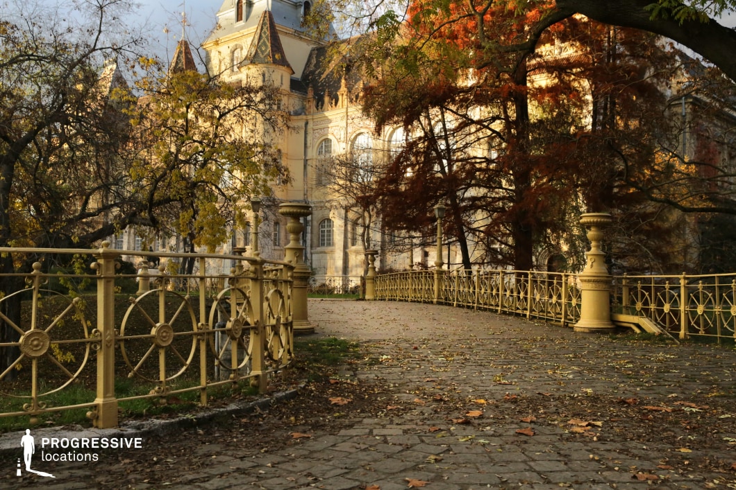 This charming image features a detailed yellow iron bridge that crosses a small, scenic area, leading towards an imposing historical building in the background. The bridge’s ornate railings, with circular motifs and finely crafted lamp posts, add a sense of elegance and old-world charm to the scene. The walkway is bordered by lush greenery, enhancing the tranquil atmosphere and the visual contrast with the building’s pale yellow and beige facade. The combination of natural beauty and intricate architectural design makes this location ideal for cinematic scenes requiring a peaceful, historical setting. The bridge offers a strong focal point, perfect for wide shots of the surrounding architecture or close-ups highlighting the delicate ornamental features.