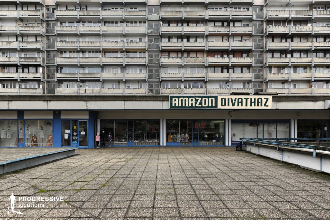 This image captures a prominent example of Brutalist architecture, featuring a large, imposing concrete building with multiple levels of residential units above a commercial ground floor. The building’s exterior is marked by its harsh, utilitarian design, with exposed concrete surfaces and a series of angular, repetitive balconies. Below the residential section, a retail space is visible, displaying the sign 