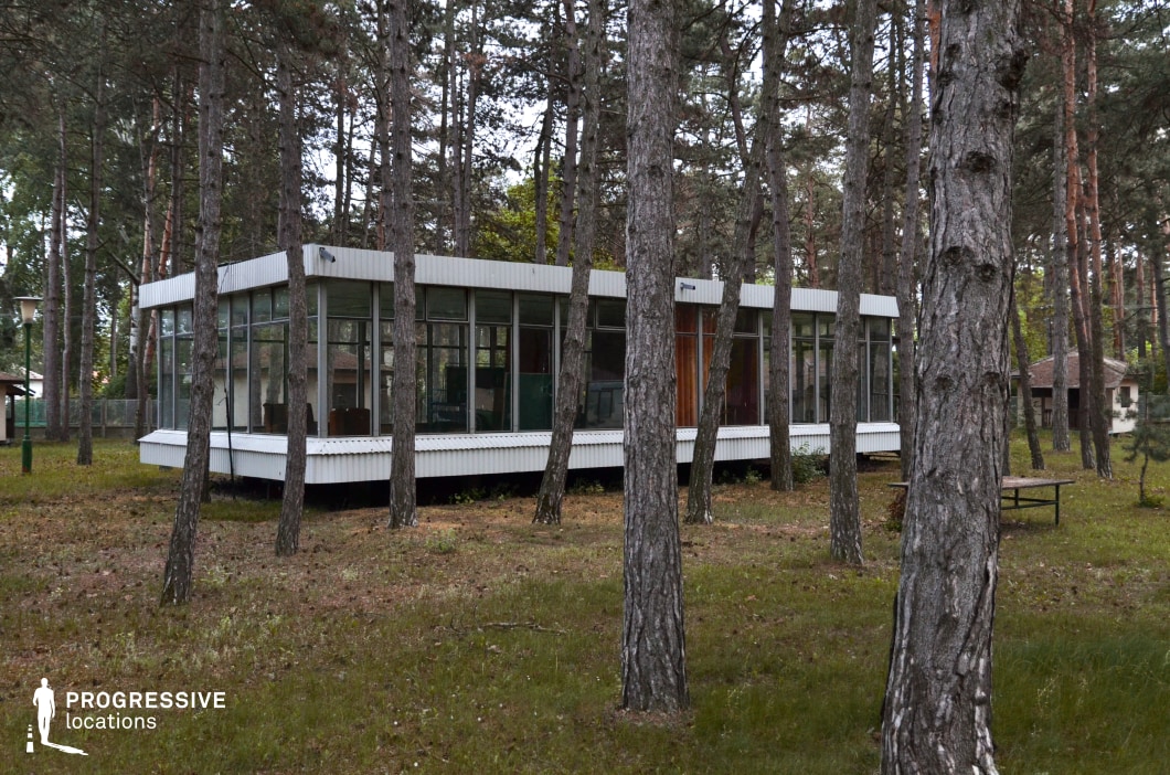 This mid-century modernist pavilion is nestled within a dense pine forest, blending minimalist architecture with natural surroundings. Elevated slightly off the ground, the rectangular structure features a flat roof and a fully glazed façade, emphasizing transparency and openness. The exterior is characterized by white corrugated metal cladding, lending an industrial yet lightweight aesthetic. The large glass panels allow natural light to flood the interior while creating a seamless visual connection between the indoor space and the surrounding trees. The pavilion's rhythmic structural lines and simple geometric form reflect a functionalist architectural approach. The forest setting enhances the sense of seclusion and tranquility, making this location ideal for films or photography projects requiring a nostalgic, utopian, or introspective atmosphere