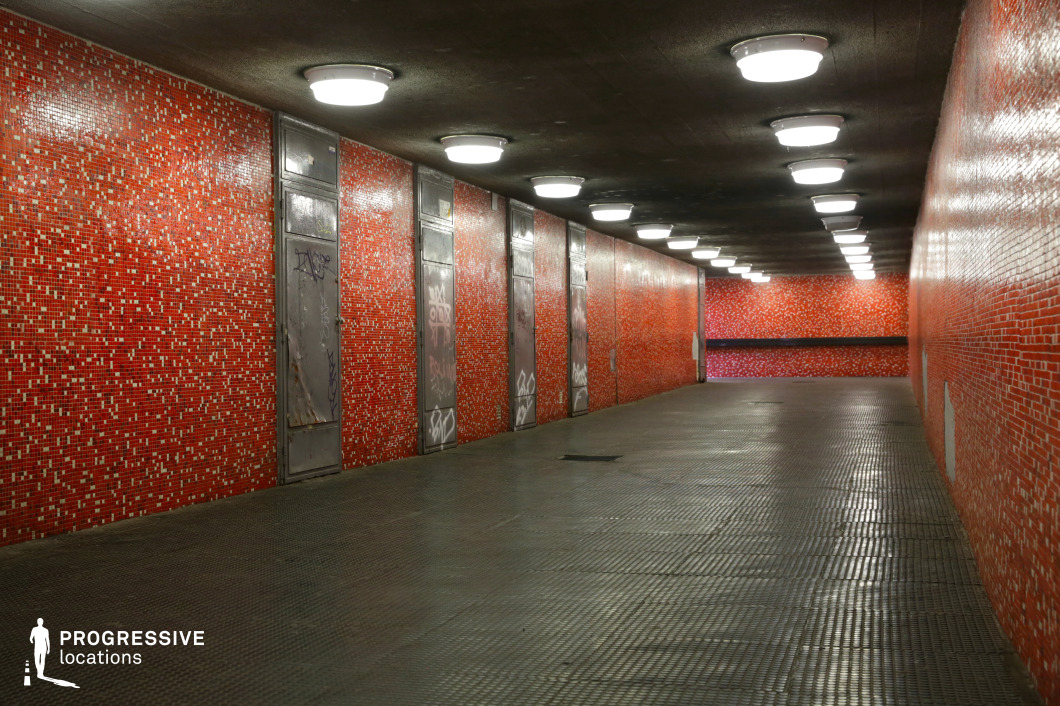 This striking pedestrian underpass features walls covered in a dense red mosaic tile pattern, creating a bold visual contrast against the dark metal flooring. The tunnel is lined with a series of industrial-style overhead lights, casting an even glow that enhances the sense of depth and perspective. Along the walls, metal doors covered in graffiti add an urban, slightly gritty element to the otherwise geometric and uniform design. The reflective surface of the floor interacts with the lighting, creating subtle highlights that emphasize the tunnel’s length. The receding lines of the walls and ceiling draw the eye toward the far end, adding a cinematic quality to the space. This location is ideal for film productions, music videos, or photography projects requiring a raw, underground aesthetic with a distinctive color scheme and strong architectural character.