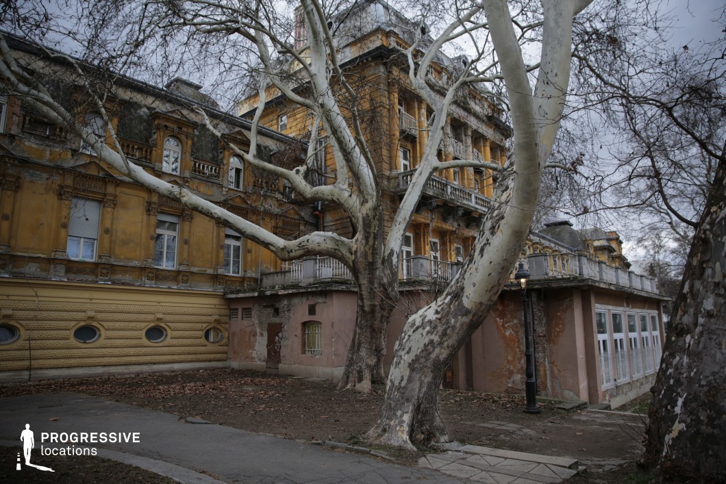 An imposing, decayed historic mansion with intricate detailing stands amid towering, gnarled trees with pale, peeling bark. The building’s yellow facade, once grand, now shows signs of wear with cracked plaster, broken balconies, and weathered woodwork. The lower section features small, round windows and a deteriorating extension, adding to the eerie, forgotten atmosphere. The leafless branches stretch dramatically across the frame, enhancing the cinematic and unsettling mood of the scene. This location is ideal for gothic storytelling, psychological thrillers, or visually rich, atmospheric cinematography.