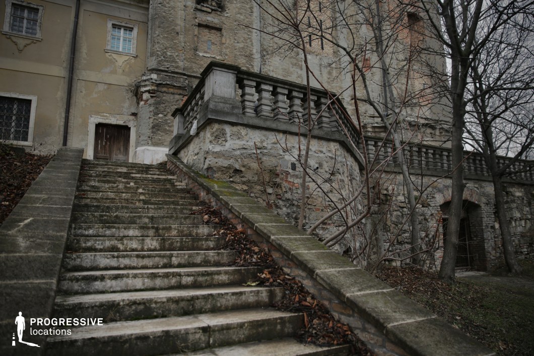 A grand yet crumbling stone staircase ascends toward the entrance of a deteriorating historic building, framed by a weathered balustrade and leafless trees. The worn steps, covered in moss and fallen leaves, emphasize the passage of time, while the chipped plaster and exposed brickwork on the facade hint at a once-glorious past. The heavy wooden door, slightly warped, adds to the sense of mystery and abandonment. The overgrown, barren surroundings enhance the eerie, desolate atmosphere, making this location ideal for gothic storytelling, historical decay studies, or psychological thriller settings.