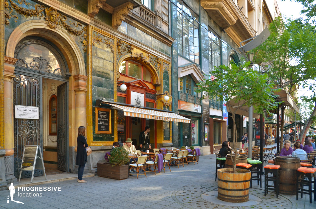 This is a richly adorned Art Nouveau facade on a lively street. 