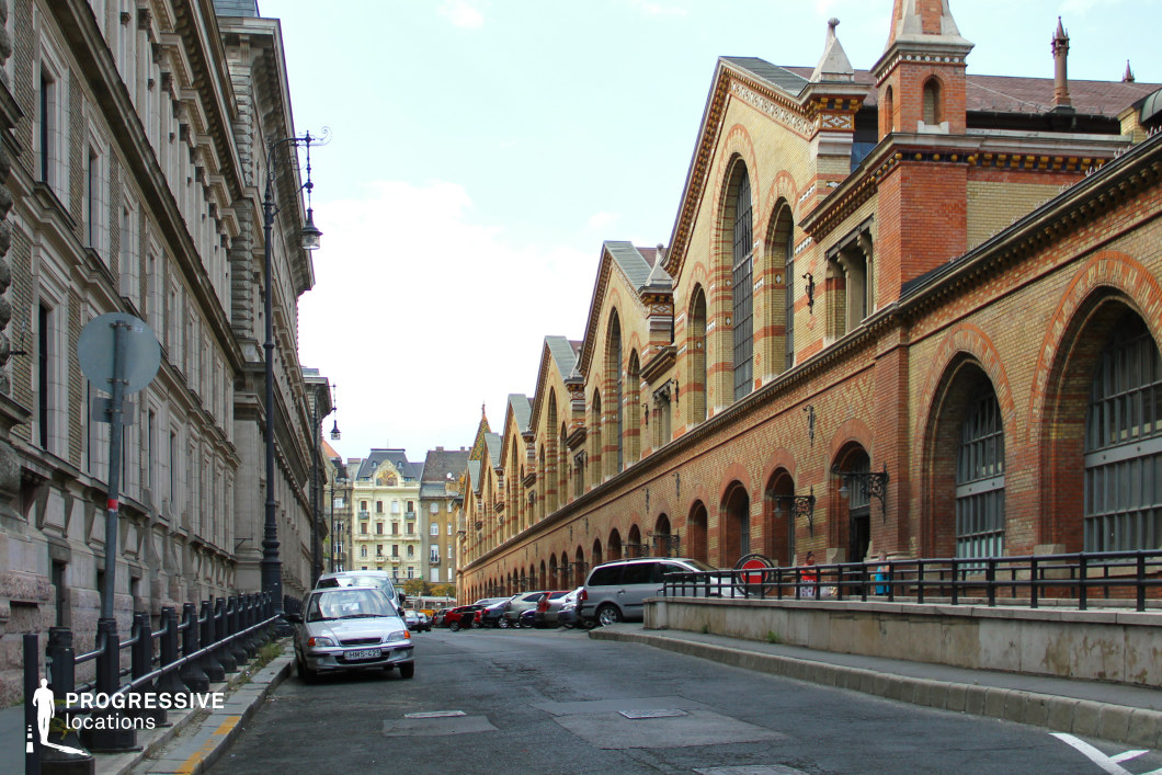 This image captures a narrow urban street flanked by two contrasting architectural styles. On the right, a historic market building stands out with its ornate brickwork, arched windows, and detailed masonry, embodying late 19th-century industrial architecture. The repetitive rhythm of the arched structures creates a striking visual flow. On the left, a stone-faced building with classical detailing and tall windows contrasts with the vibrant texture of the brick. The street itself is lined with vintage-style street lamps, enhancing the historic atmosphere. The perspective leads the eye toward the end of the street, where more intricately detailed facades appear. This location is ideal for period dramas or urban storytelling with a focus on architectural richness and historical depth.