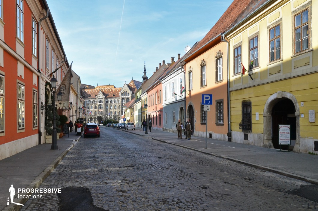 This image captures a vibrant cobblestone street lined with historic buildings in a quaint yet elegant urban setting. The row of houses showcases a charming array of colors—bright oranges, yellows, soft blues, and creams—enhancing the welcoming and lively atmosphere. The facades feature classic architectural details such as arched doorways, decorative window frames, and wrought-iron accents, hinting at their origins from the 18th and 19th centuries. In the background, the striking Gothic Revival architecture of a grand building with colorful tiled roofs dominates the scene, adding depth and grandeur to the composition. The cobblestone street, combined with the well-maintained sidewalks and lampposts, creates an enchanting balance of old-world charm and urban liveliness, perfect for evoking a friendly yet historically significant setting.
