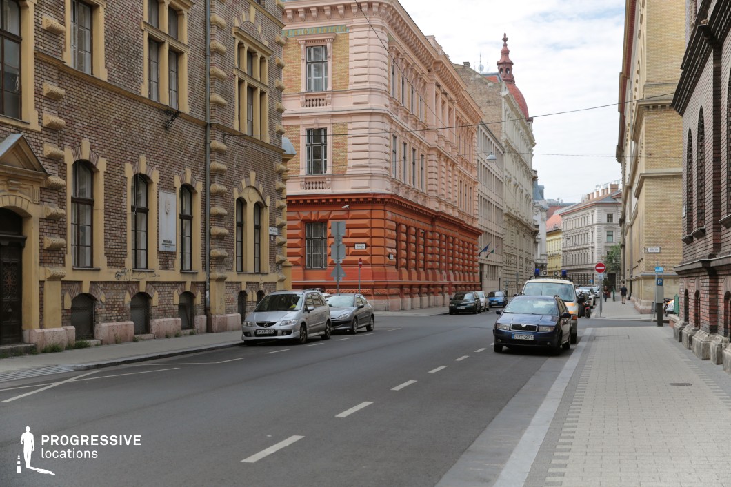 This image showcases a wide urban street lined with vibrant historic buildings featuring intricate architectural details. On the left, a yellow-brick building with decorative stonework around the windows exudes a classic charm, while on the right, a striking peach-colored structure with bold red accents and ornate cornices draws attention with its vibrant palette. The street is framed by additional light-toned brick facades, creating a harmonious blend of textures and colors. The symmetrical layout of windows and detailed craftsmanship highlights the architectural richness of the area. This location offers an elegant and sophisticated backdrop, perfect for urban scenes with a touch of historic European character.