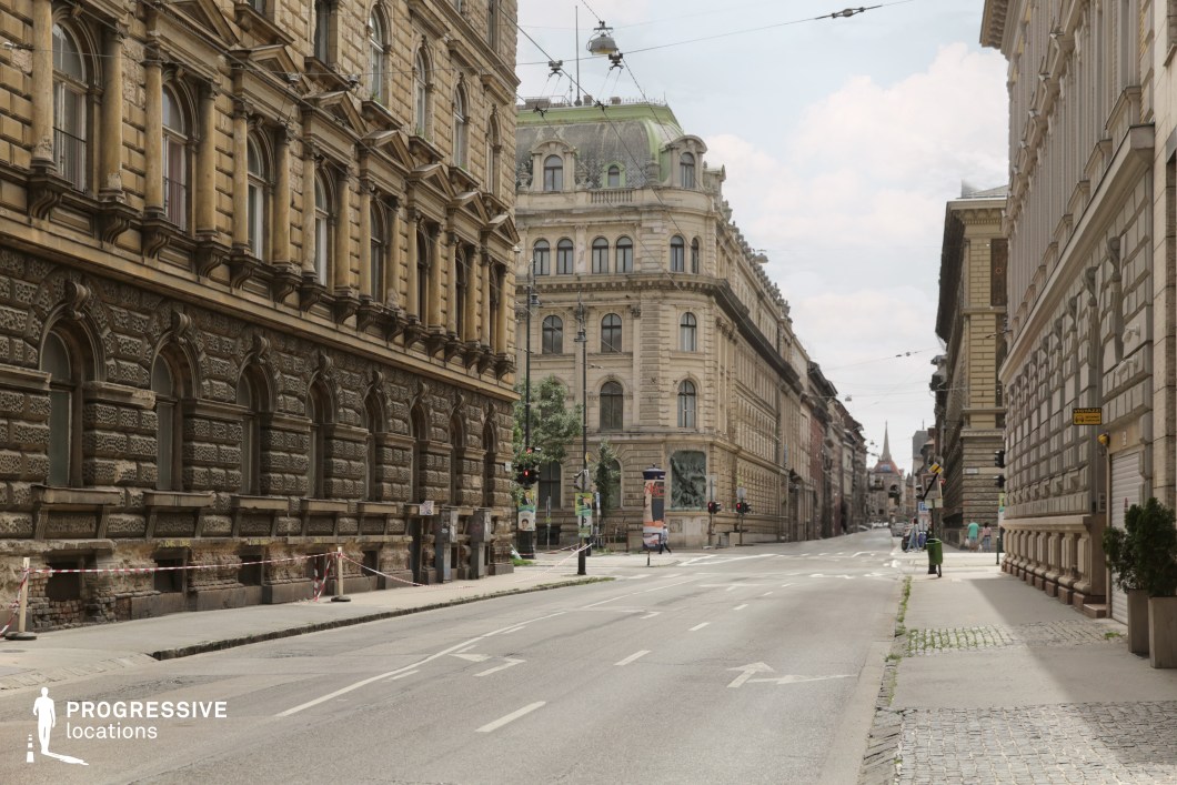 This is a grand urban street lined with monumental historic buildings, showcasing intricate stone facades and arched windows that exemplify 19th-century European architecture. 