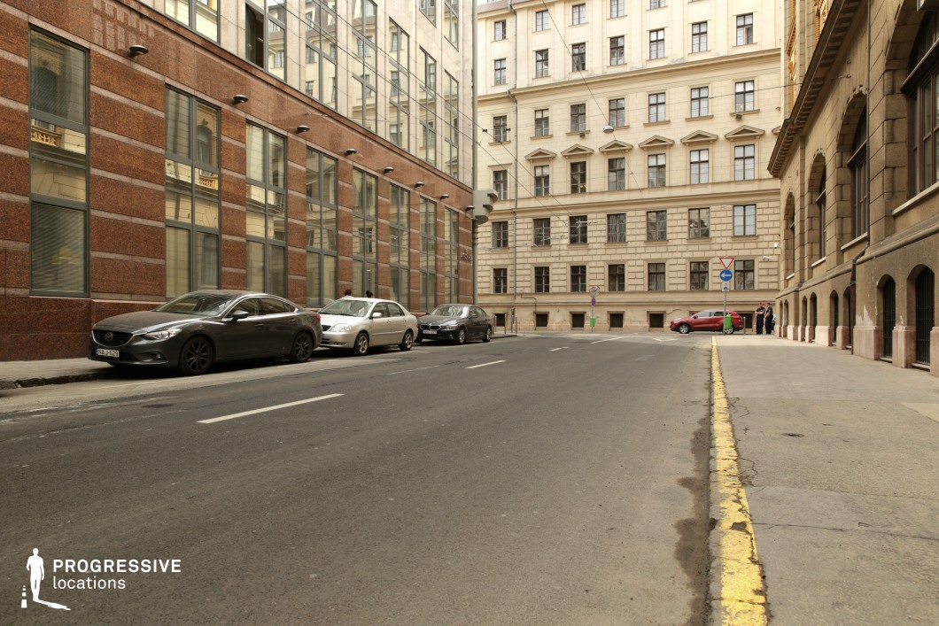 This image captures a straight urban street framed by a combination of modern and historic architecture. On the left, a contemporary building with a façade of large glass windows framed by reddish-brown panels reflects the surroundings, adding a sleek, modern aesthetic to the setting. The right side features historic stone buildings with arched windows and a subdued, neutral color palette, creating a contrast between old and new. The perspective of the street leads the eye toward a classic building at the end of the road, with symmetrical windows and understated decorative details. The broad street and clean lines of the pavement provide a structured, orderly feel, complemented by the juxtaposition of different architectural eras. This location’s blend of modern and historic elements, along with its wide, open street, makes it ideal for scenes that emphasize transitions, contrasts, or the dynamic interplay of traditional and contemporary urban life.