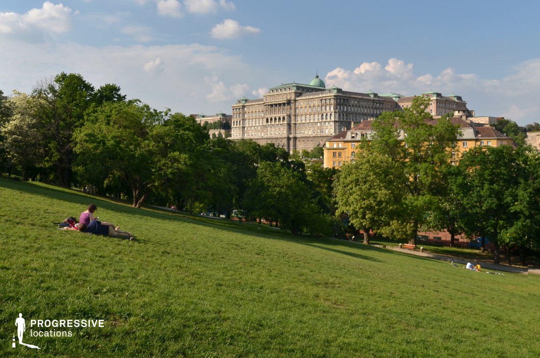 This image showcases a broad, gently sloping green park, framed by mature trees and set against the backdrop of a grand historic castle perched on a hill. The dominant color palette is defined by vibrant greens of the grass and trees, contrasted with the earthy beige and gray tones of the castle's stone façade and the warm ochre hues of nearby buildings. The soft blue of the sky adds an open and inviting atmosphere. The materials in view include the carefully manicured grass of the park, the dense greenery of the surrounding trees, and the imposing stone and metal elements of the castle. The structure features classical architectural details, including a symmetrical façade, domes, and rows of tall windows, evoking a sense of grandeur and historical importance. The perspective highlights the park’s spaciousness, with the upward sloping ground creating a natural lead toward the castle. This open and airy composition suggests both tranquility and a connection between urban greenery and monumental architecture. This location is ideal for capturing outdoor scenes that emphasize leisure, history, and a strong visual contrast between nature and architectural magnificence.