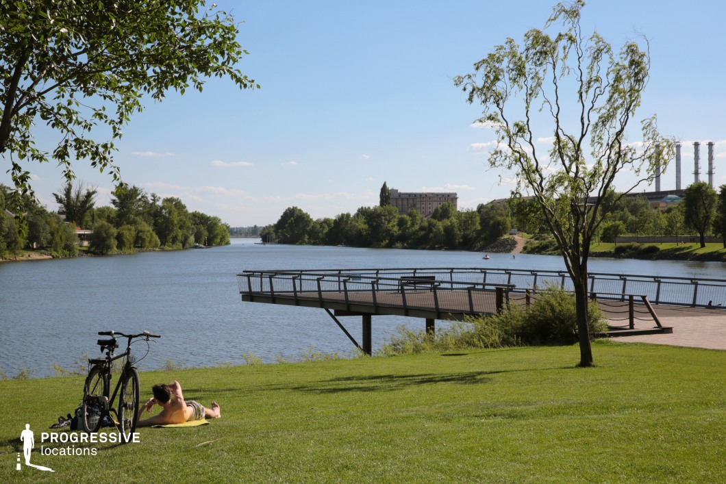 This image captures a tranquil riverside park with an open grassy area, a tree-lined riverbank, and a modern pier extending over the water. The scene exudes a peaceful and inviting atmosphere, ideal for relaxation and leisure activities. The dominant color palette includes vibrant greens from the grass and trees, contrasted by the deep blue of the river and the soft blue sky. The natural tones blend harmoniously, creating a serene environment. The materials in focus include the wooden and metal construction of the pier, designed with a clean, modern aesthetic. The manicured lawn and scattered trees add a natural softness to the overall composition, while the nearby urban elements, such as industrial structures in the distance, provide subtle contrast and context. The spatial arrangement highlights the open expanse of the park, with the pier serving as a focal point leading the viewer’s gaze toward the river. The framing trees on the edges of the image create a balanced composition, while the clear visibility of the distant shoreline adds depth and perspective. This location offers a versatile setting for productions or photography emphasizing outdoor recreation, natural beauty, and urban adjacency. The combination of greenery, water, and the modern pier makes it an ideal backdrop for scenes depicting relaxation, serenity, or the interaction of nature and urban life.